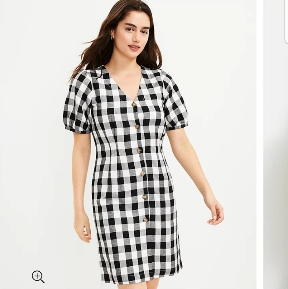 Loft Gingham Linen Blend Button Front V-Neck Dress, size 12